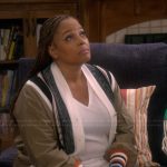 Regina’s khaki striped cardigan on The Upshaws