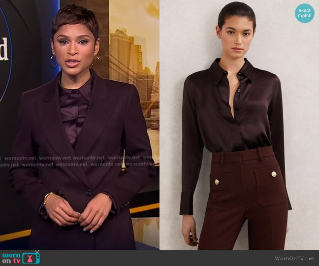 Reiss Ameira Shirt in Burgundy worn by Jericka Duncan on CBS Evening News