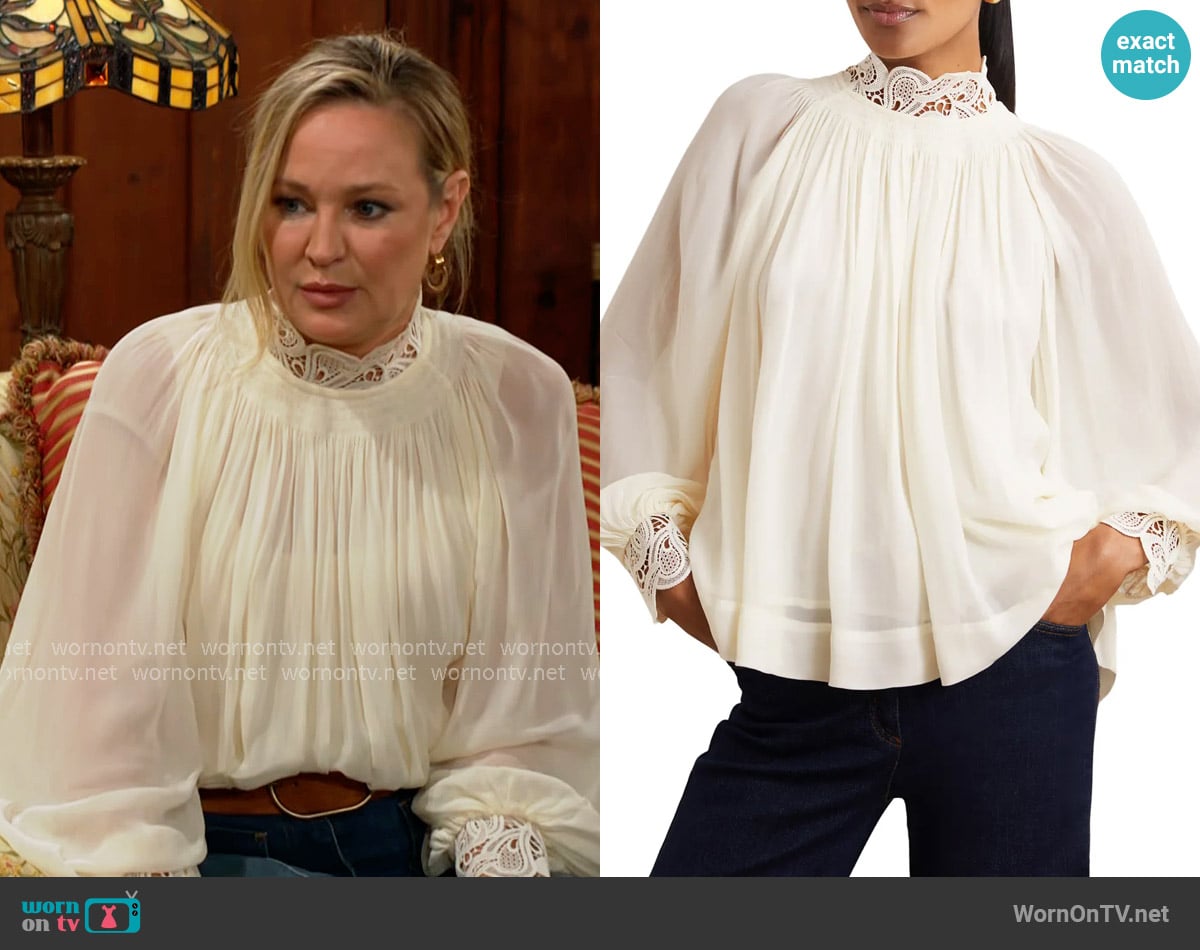 Reiss Czara Lace Accent Smocked Yoke Top in Cream worn by Sharon Newman (Sharon Case) on The Young and the Restless