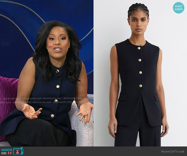 Reiss Gabi Button-Through Longline Waistcoat in Navy worn by Sheinelle Jones on Today