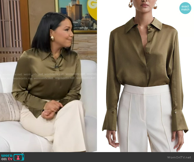 Reiss Hailey Silk Shirt in Khaki worn by Stephanie Ramos on Good Morning America
