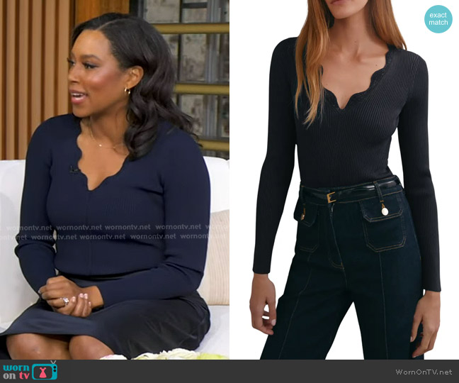 Reiss Lara V-Neck Knit Top in Navy worn by Rachel Scott on Good Morning America