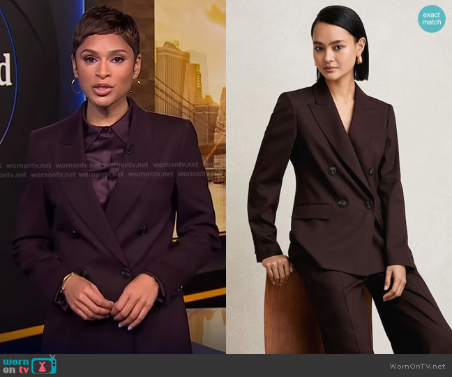 Reiss Solene Suit Blazer in Aubergine worn by Jericka Duncan on CBS Evening News