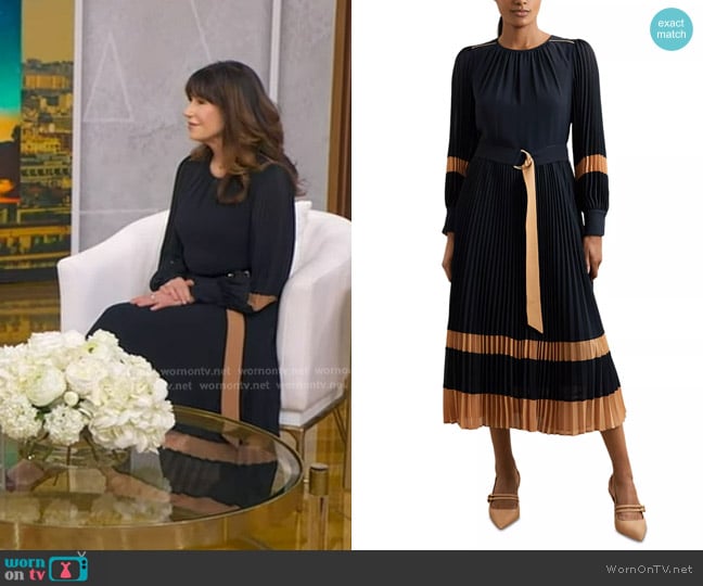 Reiss Tori Color Blocked Pleated Dress in Navy/Camel worn by  Paula McLain on Good Morning America