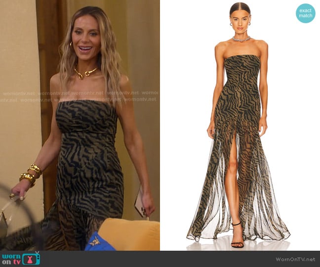 Retrofete Nicole Dress in Tiger Stripe worn by Dorit Kemsley on The Real Housewives of Beverly Hills
