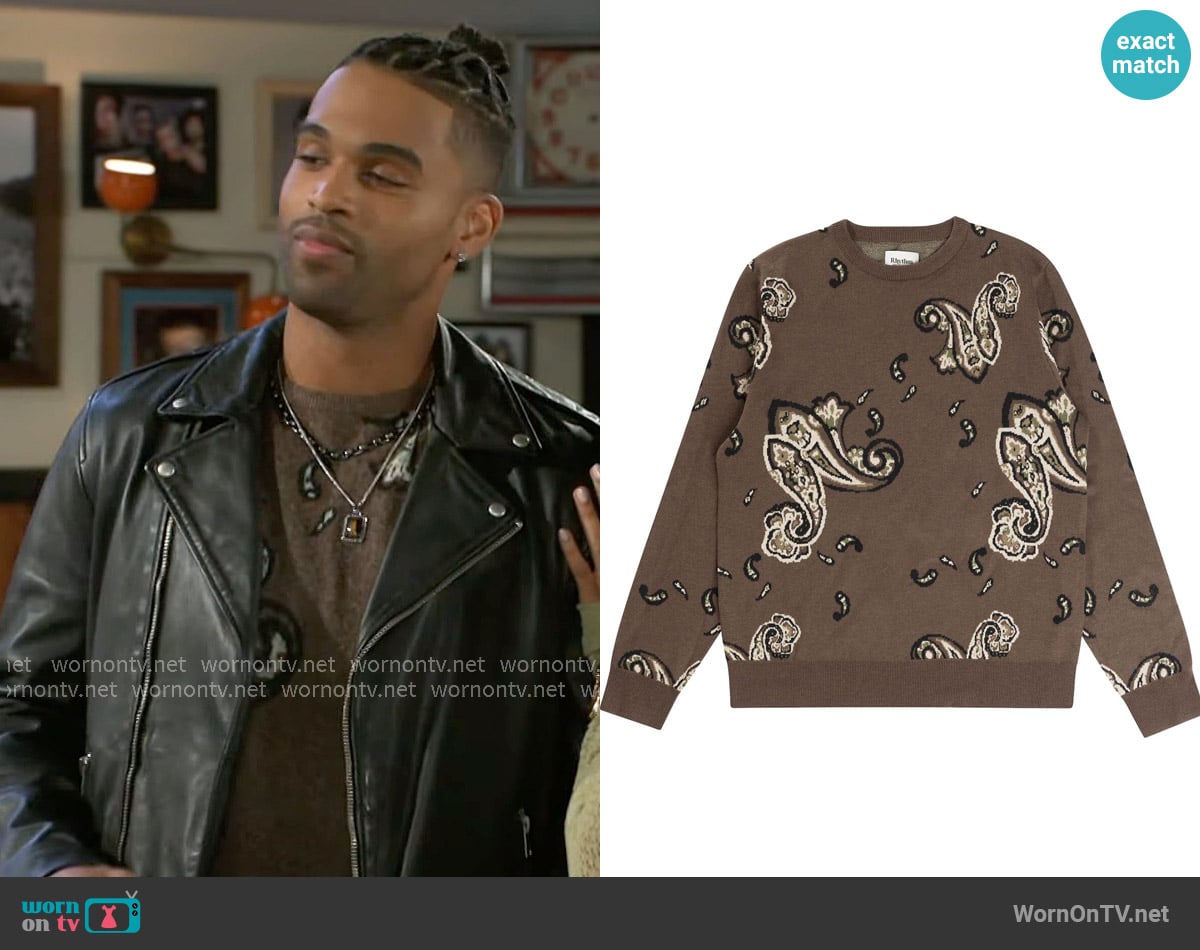 Rhythm Mohair Paisley Knit Sweater in Tobacco worn by Izaiah Hawthorne (David Lami Friebe) on Beyond the Gates