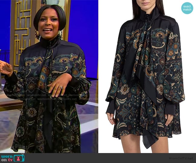 Sacai Floral-print ruffled mini dress worn by Tamron Hall on Tamron Hall Show