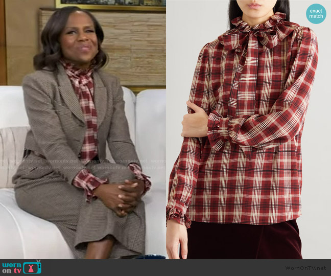 Saint Laurent Pussy-bow ruched checked silk blouse worn by Deborah Roberts on Good Morning America