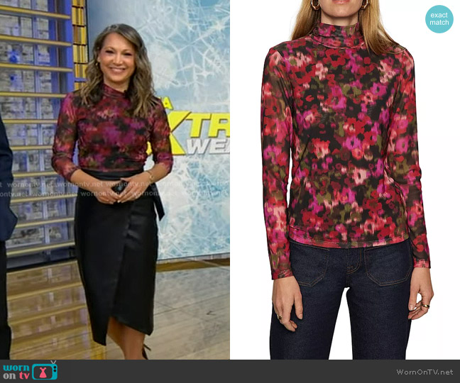 Sanctuary Mock Neck Mesh Top in Berry Glow worn by Ginger Zee on Good Morning America