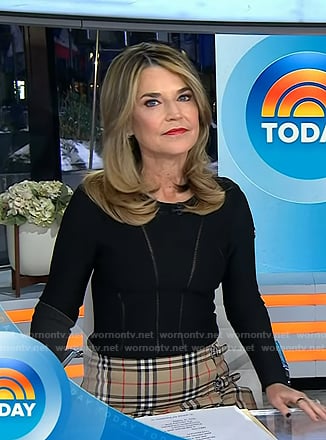Savannah’s black mesh inset top and beige plaid pleated skirt on Today