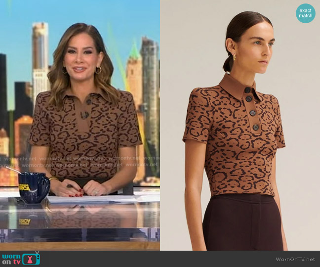 Scanlan Theodore Crepe Knit Jacquard Top in Spice Chocolate worn by Rebecca Jarvis on Good Morning America