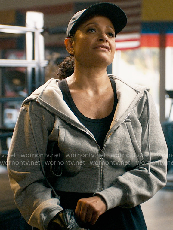 Selena’s grey cropped hoodie on High Potential