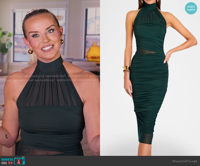 Seroya Esmee Ruched Halter Midi Dress in Evergreen worn by Whitney Rose on The Real Housewives of Salt Lake City