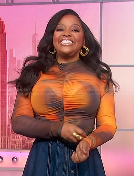 Sherri’s orange tie dye mesh top on Sherri