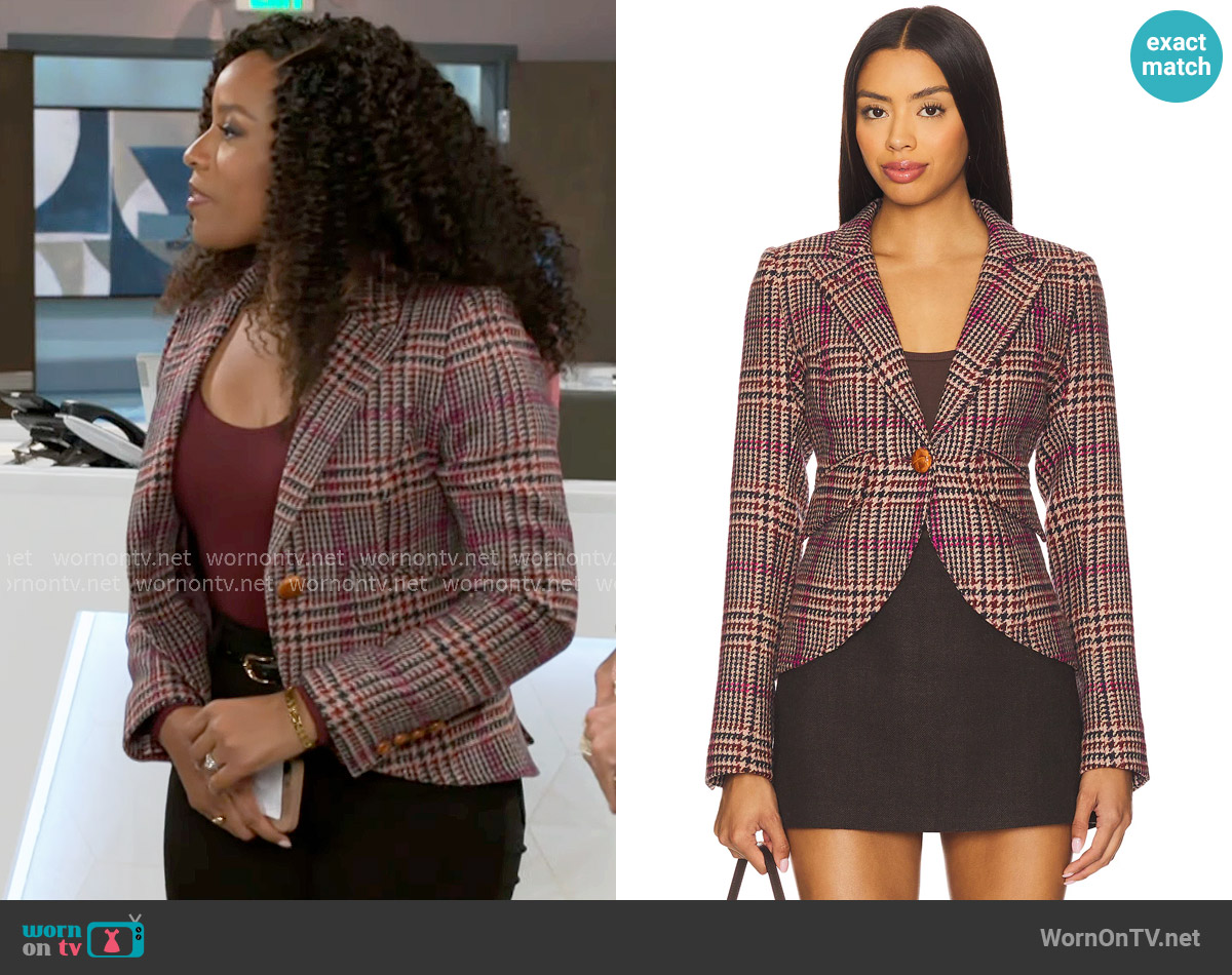 Smythe One Button Blazer in Berry Glen Check worn by Naomi Hamilton Hawthorne (Arielle Prepetit) on Beyond the Gates