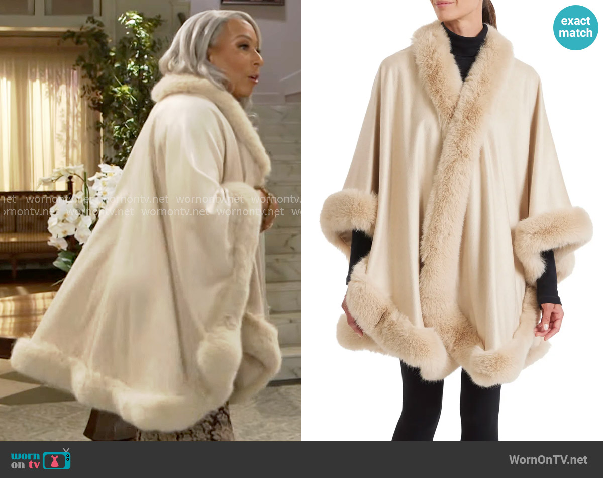 Sofia Cashmere Faux Fur Trim Cashmere Cape worn by Anita Dupree (Tamara Tunie) on Beyond the Gates