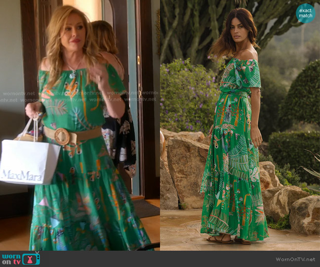 Soler Thalia Flair Sleeve Ankle Dress in petit palmera emerald worn by Kathy Hilton on The Real Housewives of Beverly Hills