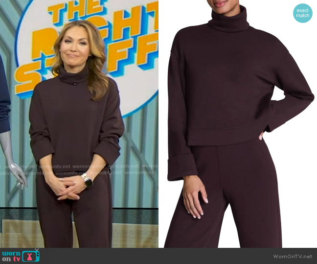 Spanx Cuffed Sleeve Crop Turtleneck Sweatshirt in Truffle Brown worn by Lori Bergamotto on Good Morning America
