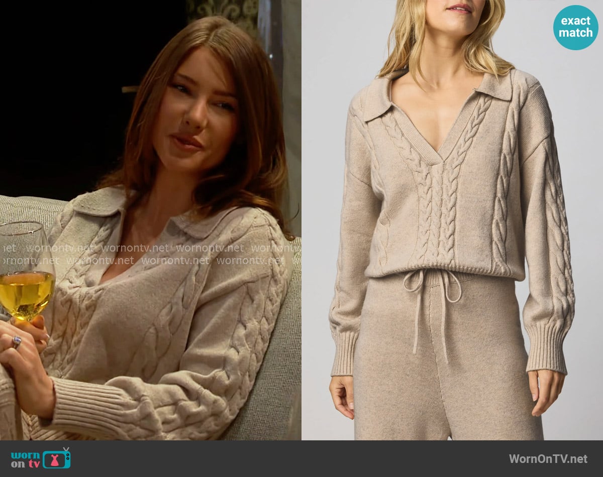 Splendid Jet Set Cable Stitch Polo Sweater in Cappuccino Heather worn by Steffy Forrester (Jacqueline MacInnes Wood) on The Bold and the Beautiful
