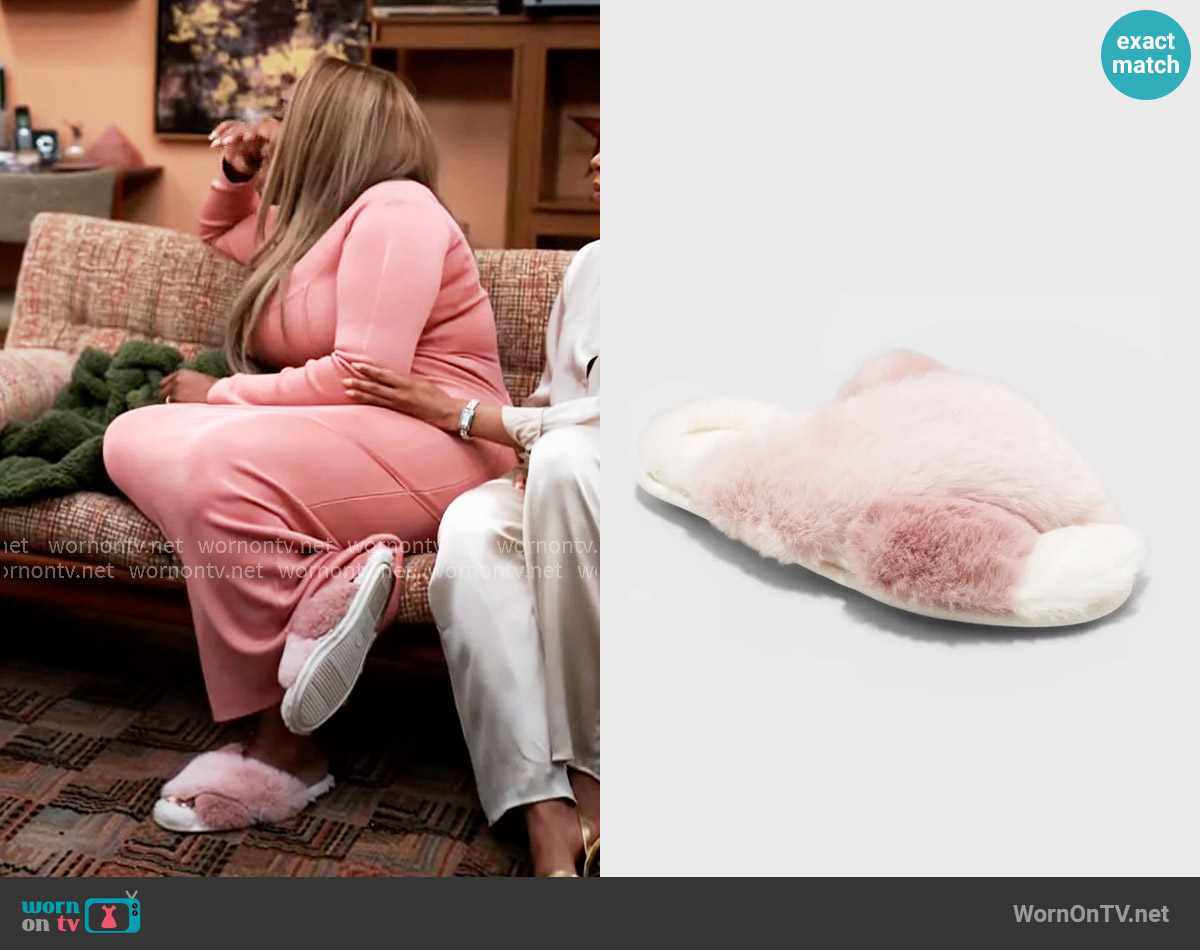 Stars Above Paris Crossband Faux Fur Slippers worn by Daniella King (Mignon) on Tyler Perrys Sistas