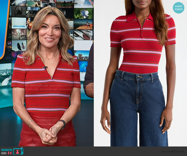 Staud Ren Stripe Rib Polo Sweater worn by Kit Hoover on Access Hollywood