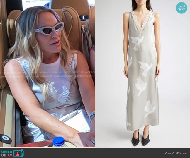Stella McCartney Dove Print Silk & Chantilly Lace Dress worn by Heather Gay on The Real Housewives of Salt Lake City