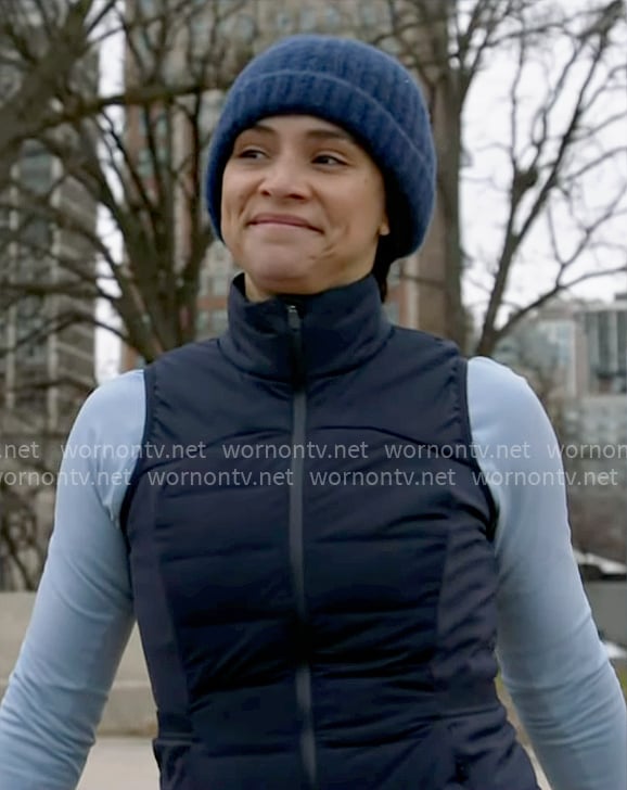 Stella’s navy blue puffer vest on Chicago Fire