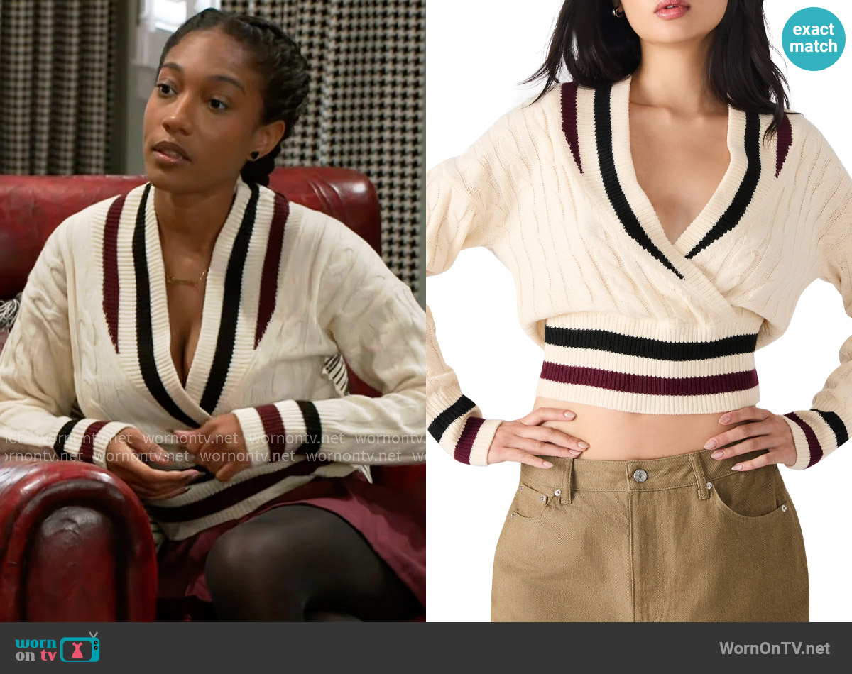 Steve Madden Addison Contast Trim Cable Knit Sweater in Cream worn by Samantha Richardson (Najah Jackson) on Beyond the Gates