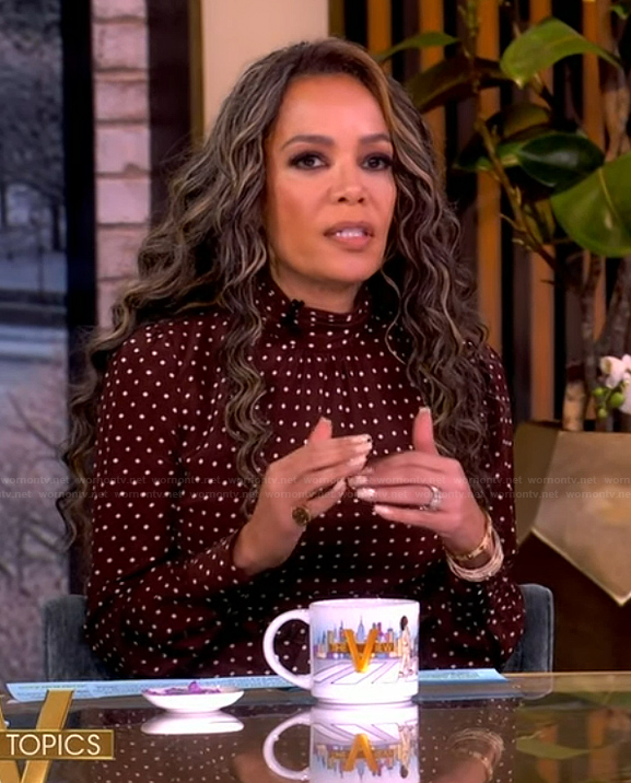 Sunny’s burgundy polka dot print dress on The View