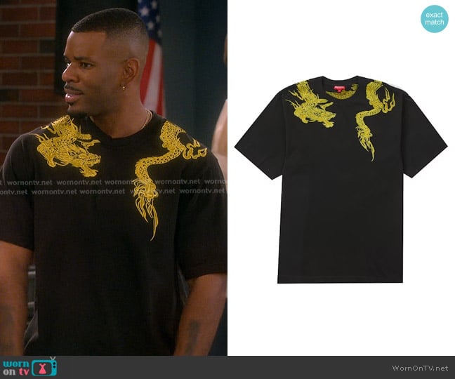 Supreme Dragon Wrap Short-Sleeve Top in Black worn by Bernard Upshaw Jr (Jermelle Simon-Jones) on The Upshaws
