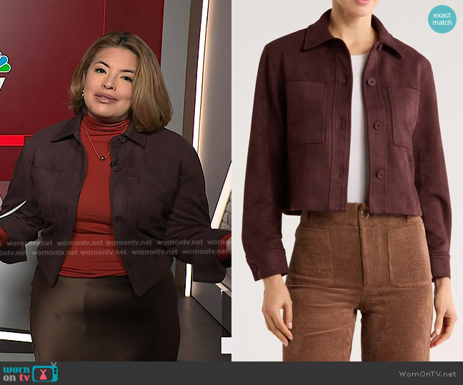 T Tahari Crop Faux Suede Jacket in Black Coffee worn by Gilma Avalos on NBC News Daily