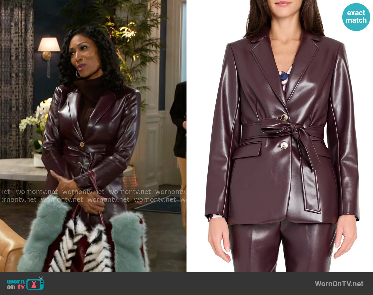 Tahari ASL Belted Faux Leather Blazer in Plum worn by Dana 'Leslie' Thomas (Trisha Mann-Grant) on Beyond the Gates
