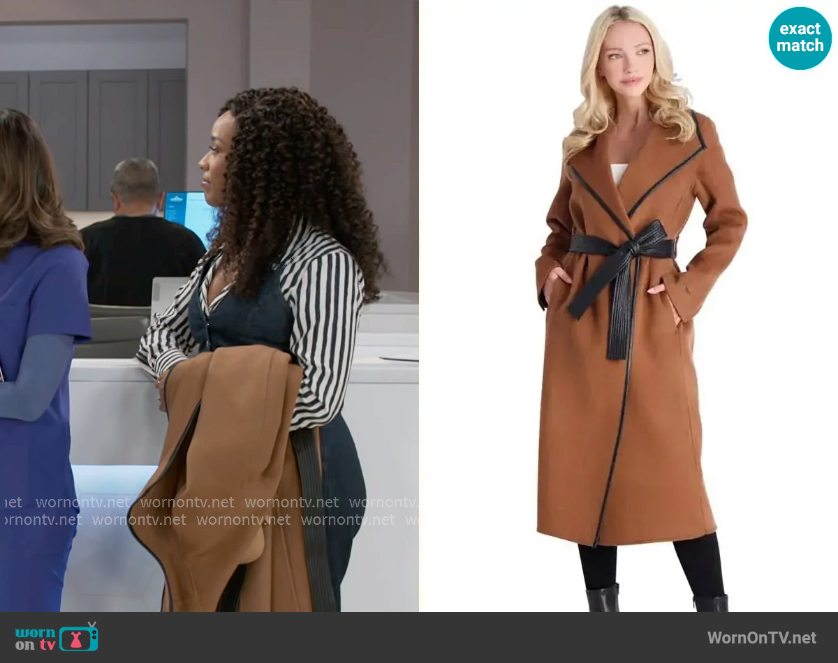 Tahari Juliette Wool Blend Belted Wrap Coat in Caramel worn by Naomi Hamilton Hawthorne (Arielle Prepetit) on Beyond the Gates
