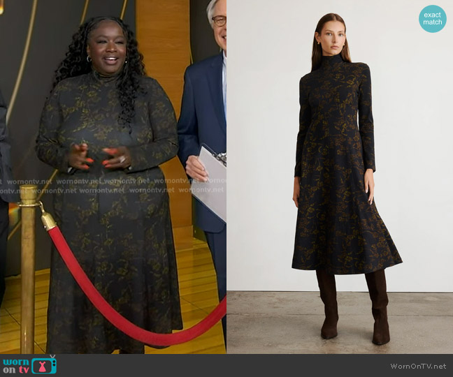 Tanya Taylor Thea Turtleneck Midi Dress in Black Forest worn by Kelley L. Carter on Good Morning America