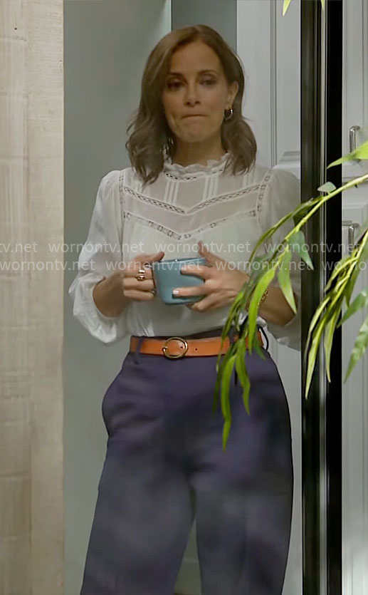 Taylor’s white ruffle neck blouse on The Bold and the Beautiful