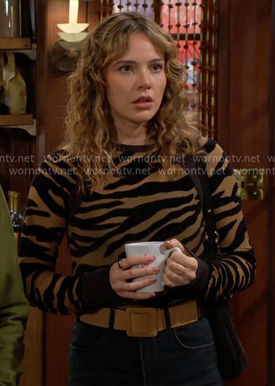 Tessa’s sheer zebra stripe top on The Young and the Restless