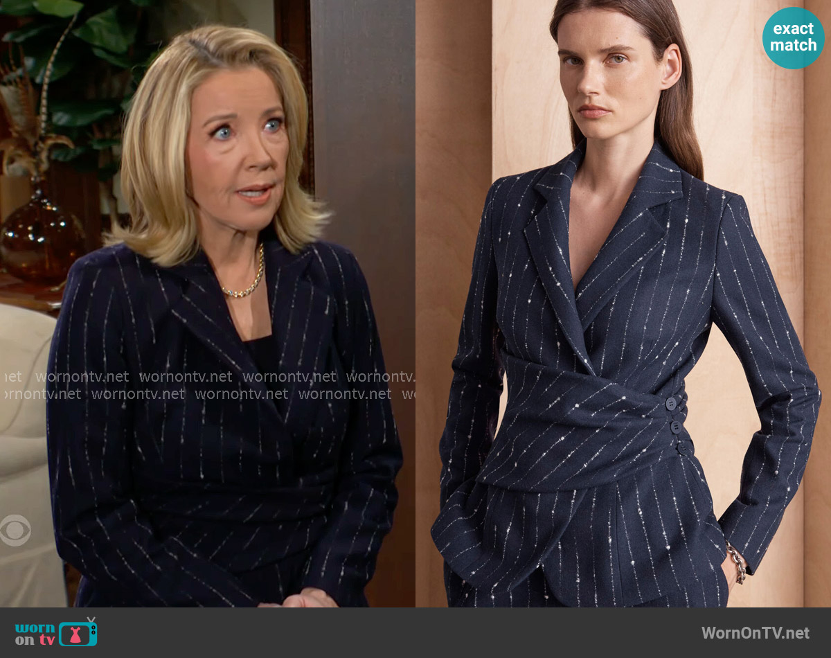 The Fold London Collingham Wool Pinstripe Jacket in Navy worn by Nikki Reed Newman (Melody Thomas-Scott) on The Young and the Restless