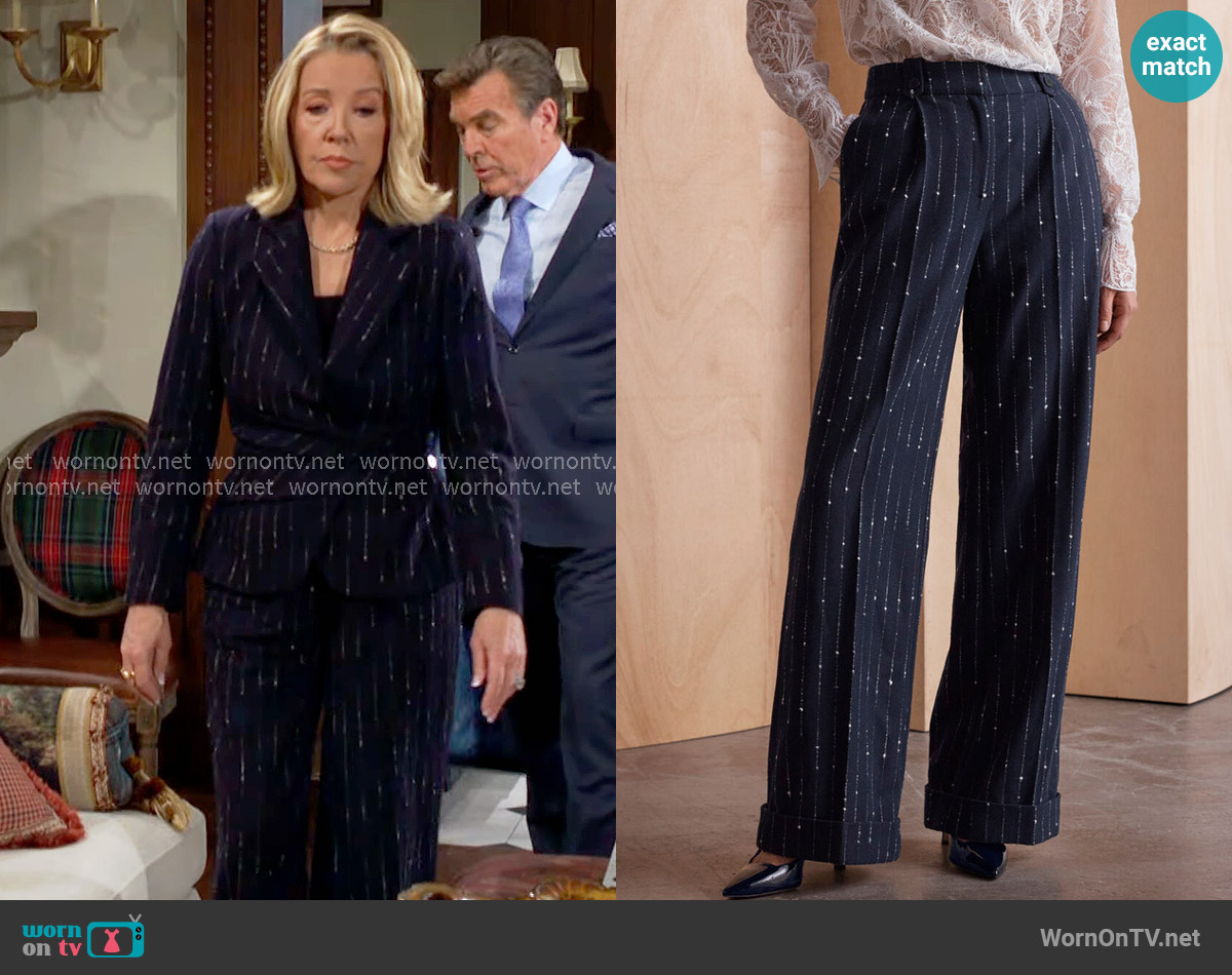 The Fold London Hartwood Wool Pinstripe Trousers in Navy worn by Nikki Reed Newman (Melody Thomas-Scott) on The Young and the Restless
