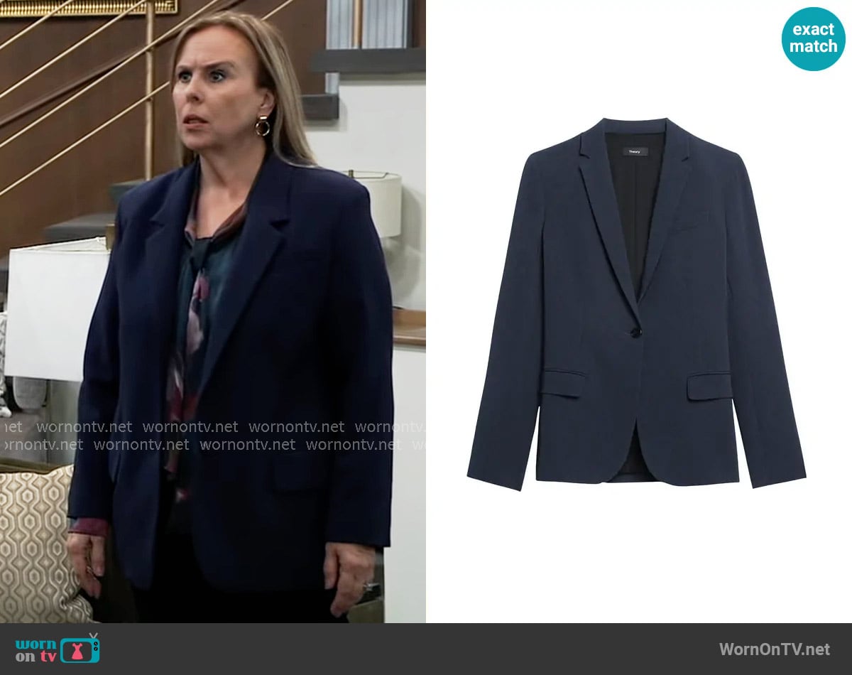 Theory Staple Classic Crepe Single-Button Blazer in Nocturne Navy worn by Laura Collins (Genie Francis) on General Hospital