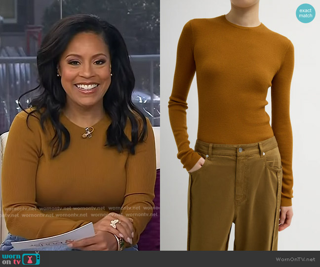 Tibi Featherweight Ribbed Sweater Crewneck Pullover in Ochre worn by Sheinelle Jones on Today