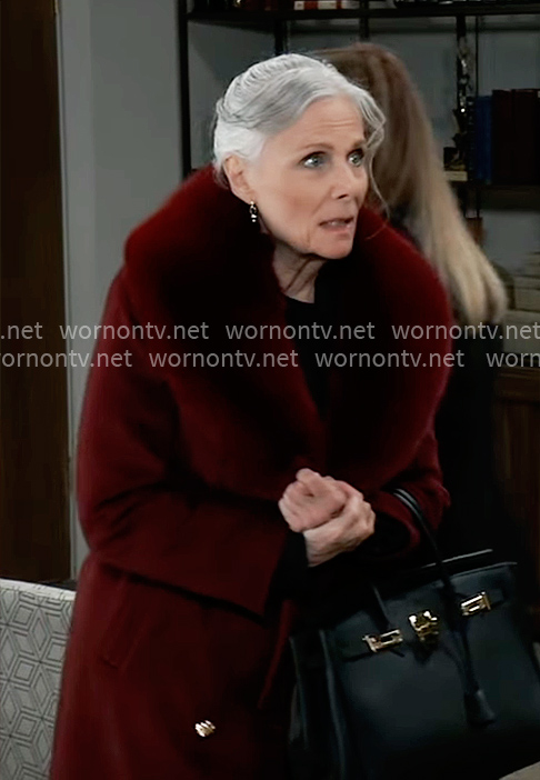 Tracy’s dark red coat with fur collar on General Hospital