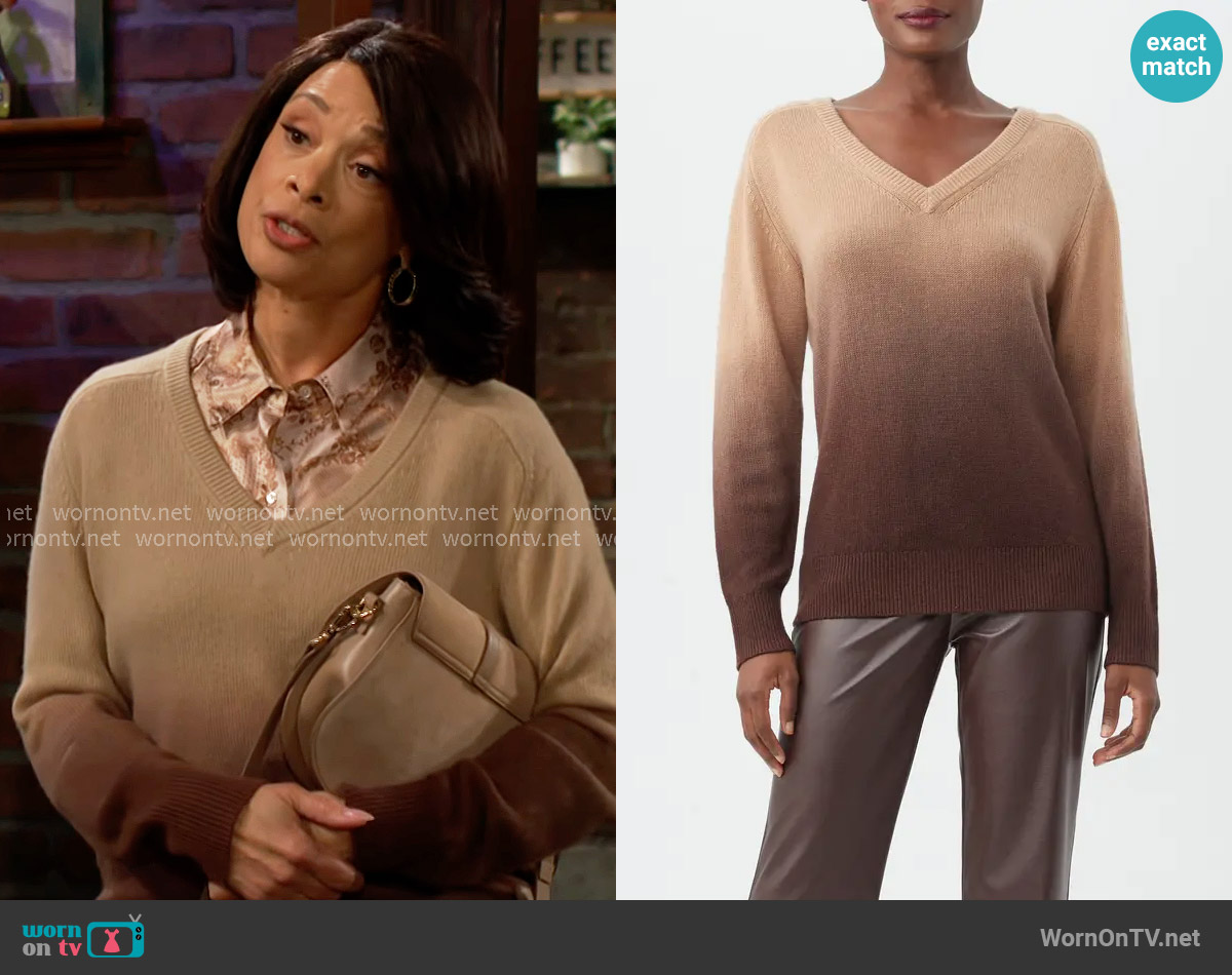 Trina Turk Evangeline Sweater in Camel/Mudcloth worn by Amy Lewis (Valarie Pettiford) on The Young and the Restless
