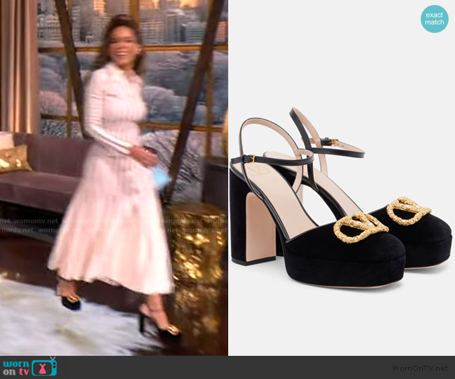 Valentino VLogo 105 embellished leather-trimmed velvet platform pumps worn by Sunny Hostin on The View