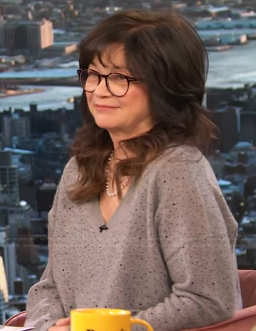 Valerie Bertinelli’s gray rhinestone embellished sweater on The Drew Barrymore Show