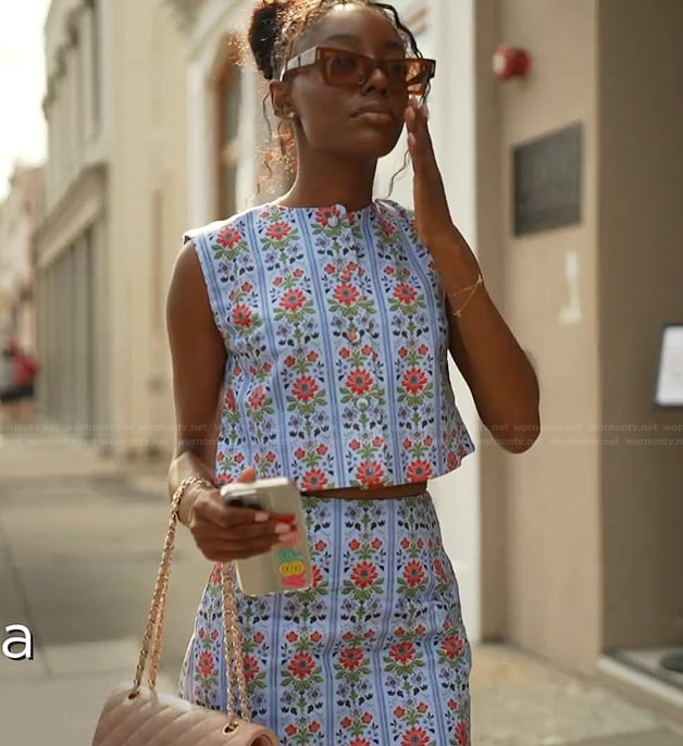 Venita’s blue floral print top and skirt on Southern Charm