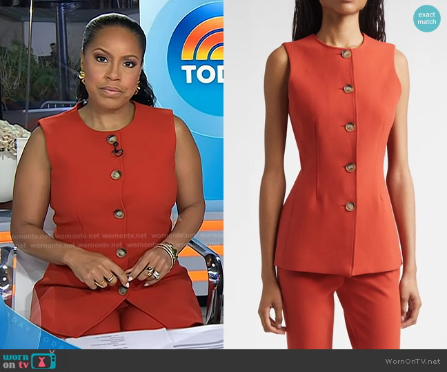 Veronica Beard Jessup Vest in Carnelian Red worn by Sheinelle Jones on Today