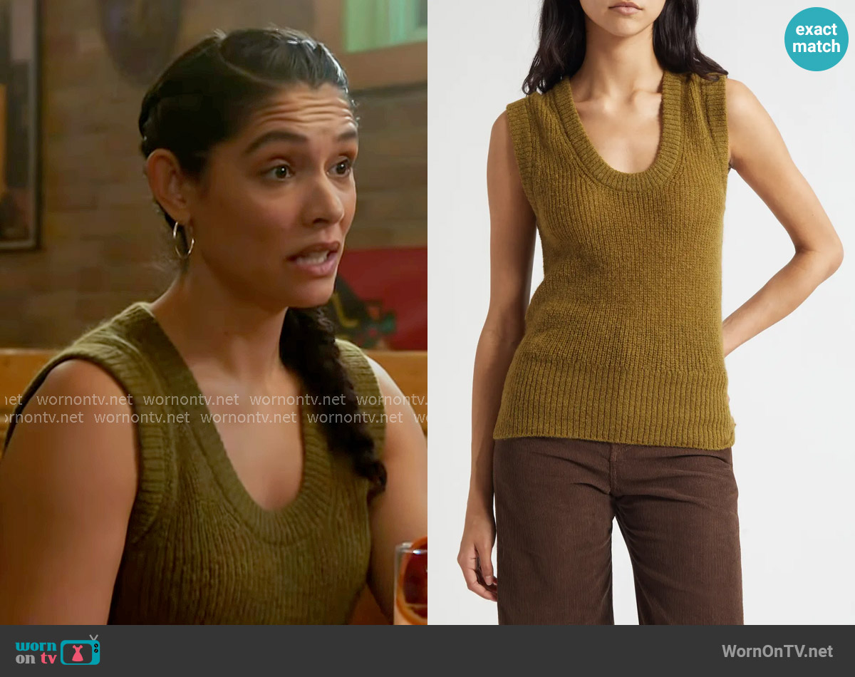 Veronica Beard Jovanna Sweater Tank in Moss worn by Stella Kidd (Miranda Rae Mayo) on Chicago Fire