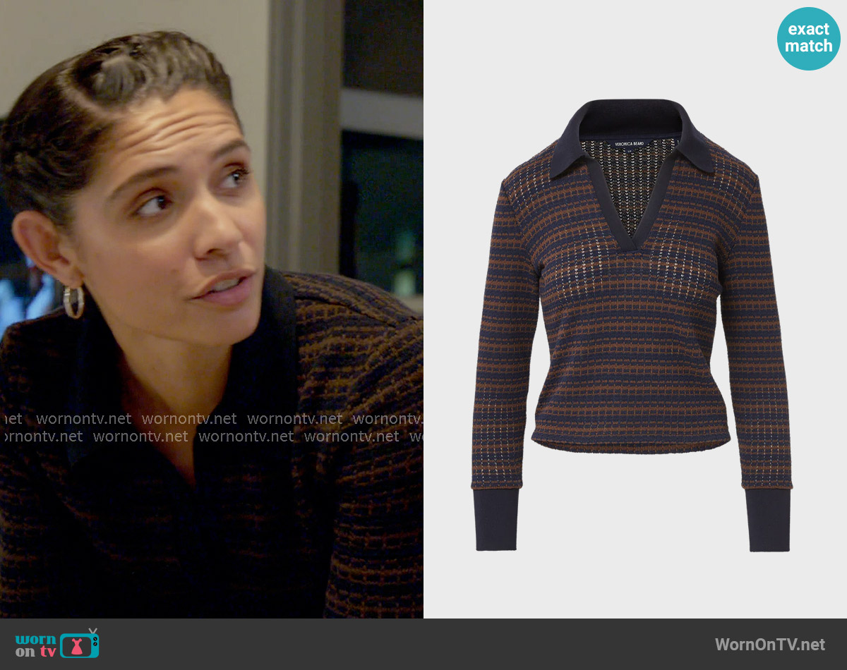Veronica Beard Kamal Knit Polo in Navy Dark Umber Multi worn by Stella Kidd (Miranda Rae Mayo) on Chicago Fire