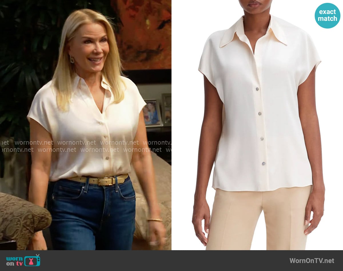 Vince Silk Cap-Sleeve Ruched-Back Blouse in Chiffon worn by Brooke Logan (Katherine Kelly Lang) on The Bold and the Beautiful