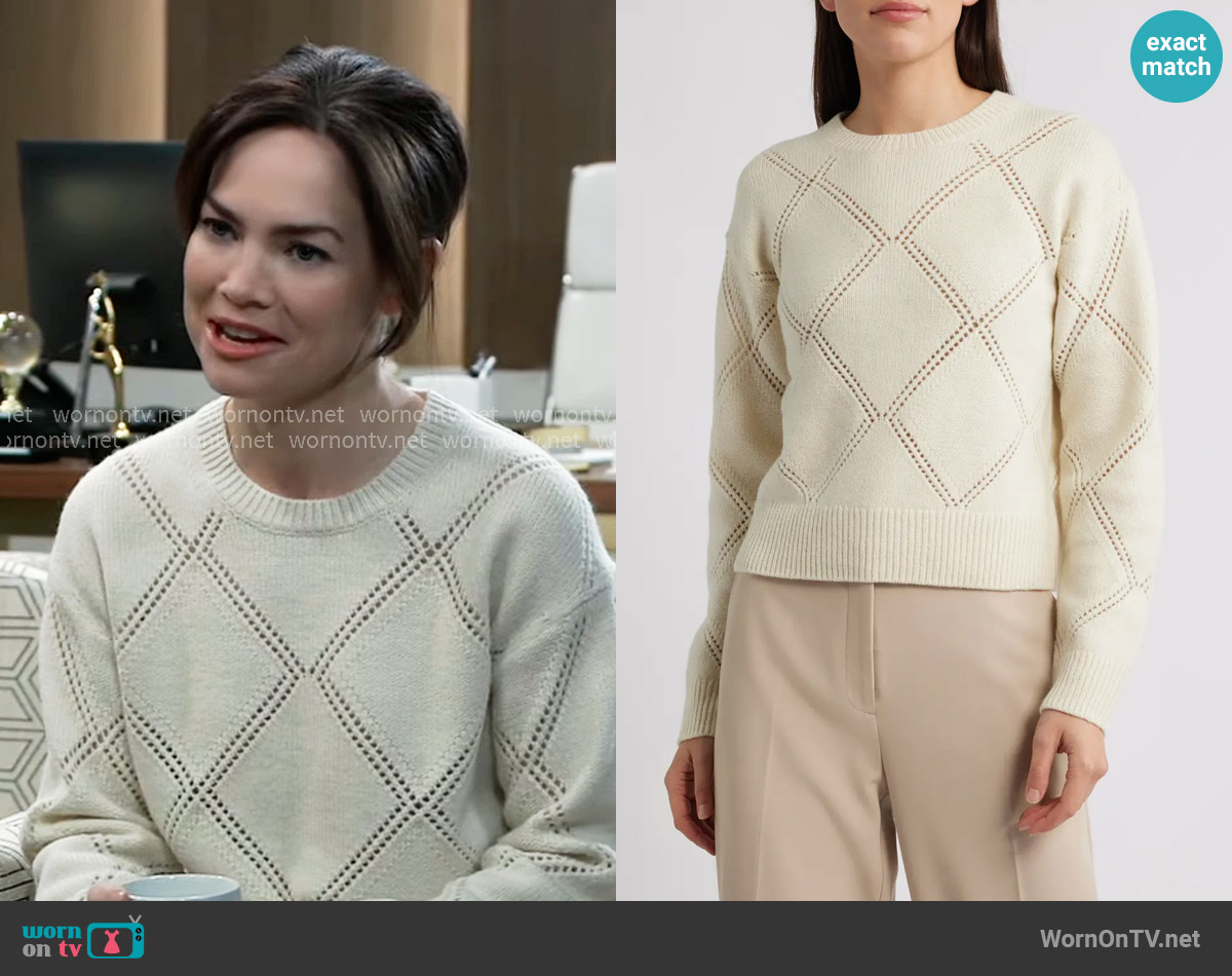 Vince Texture Argyle Wool Sweater in Cream worn by Elizabeth Webber (Rebecca Herbst) on General Hospital
